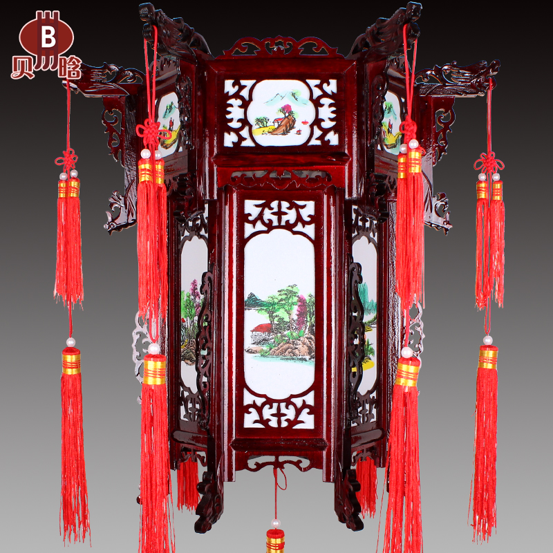 中式实木大红灯笼仿古羊皮六角宫灯古典木质木雕阳台大门茶楼吊灯