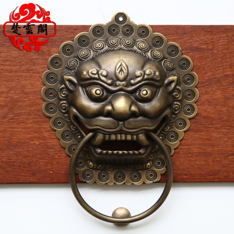新中式纯黄铜兽头拉手别墅大木门环手把橱柜明装小号仿古虎麒麟头