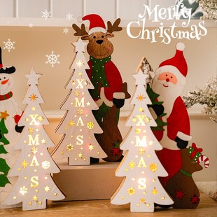 圣诞节装 饰品圣诞树摆件场景布置氛围发光小配件桌面木质麋鹿灯饰