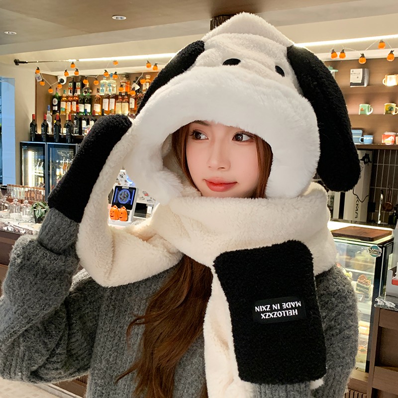 可爱小狗卡通毛绒连帽围脖女冬季C冬天保暖手套帽子围巾一体三件