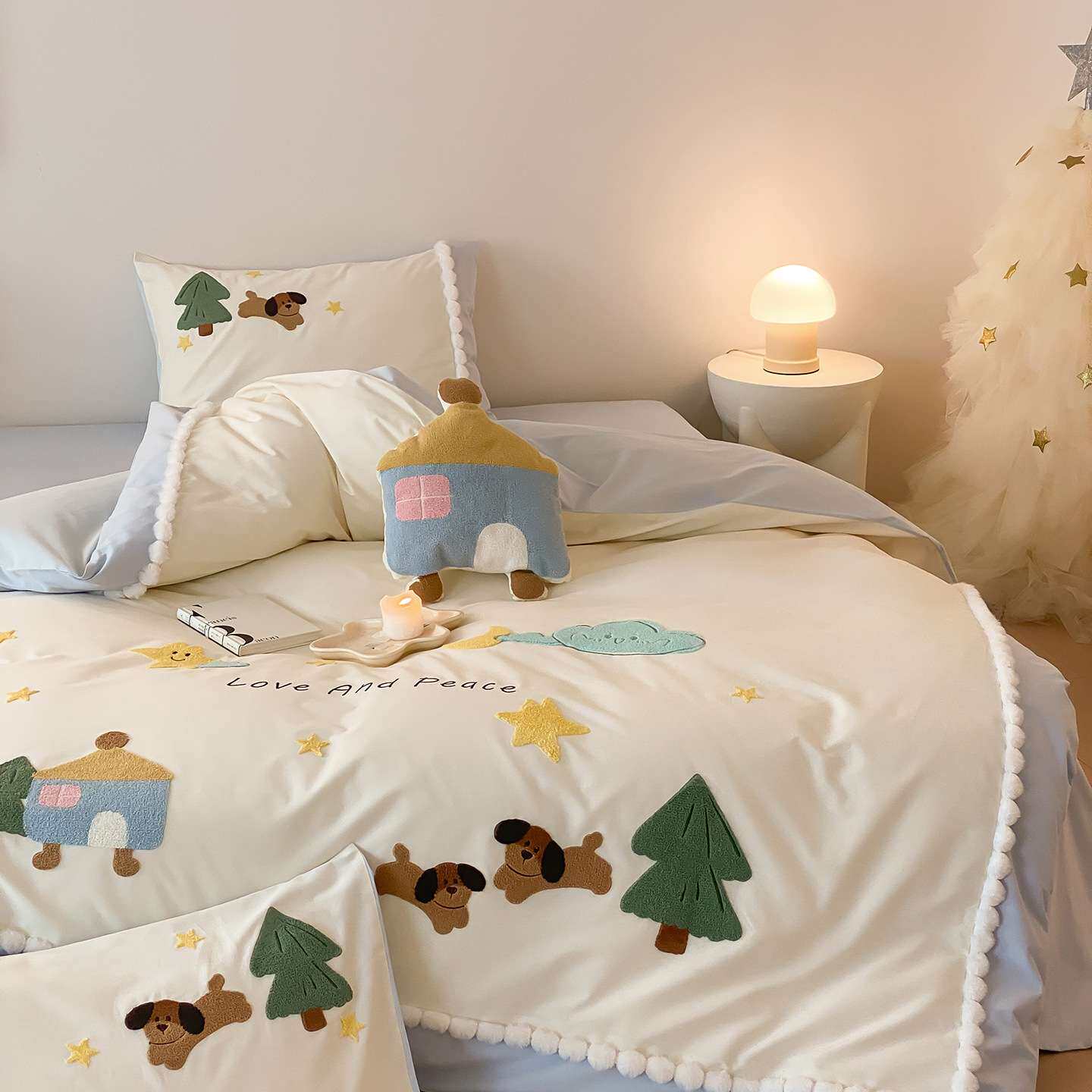 【送抱枕】全棉刺绣磨毛四件套秋冬加厚床上用品纯棉儿童床单被套