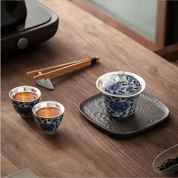 青花瓷鎏银干泡茶具套装复古禅之莲家用陶瓷泡茶三才盖碗银茶杯子