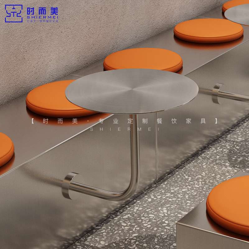 网红咖啡厅卡座固定小桌子工业风奶茶甜品店小圆桌不锈钢壁装圆桌
