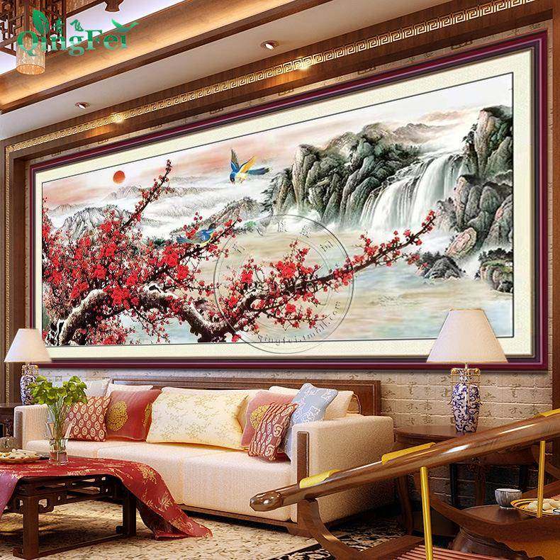 青飞精准印布报春图江山如画十字绣梅开五福现代中式客厅风景画