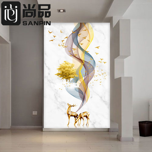现代玄关背景墙壁纸壁画过道装饰画竖墙纸招财画进门墙布d
