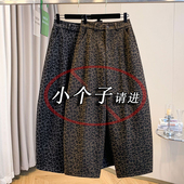 欧货复古豹纹毛呢弯刀裤 女秋冬加厚小个子145松紧腰八分香蕉裤 xxs