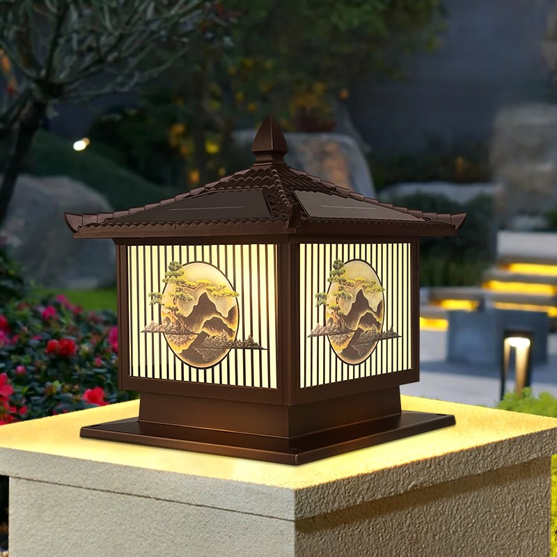 太阳能柱头灯户外防水别s墅庭院门柱家用大门柱子围墙灯中式墙头