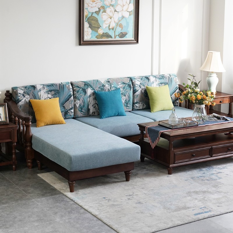 美式转角沙发全实木原木布艺L型贵妃沙发简美复古小户型客厅家具