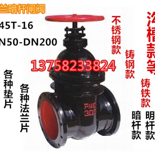 法兰闸阀 法兰暗杠闸阀 Z45T-16 铸铁法兰闸阀DN50-DN200黑色蓝色
