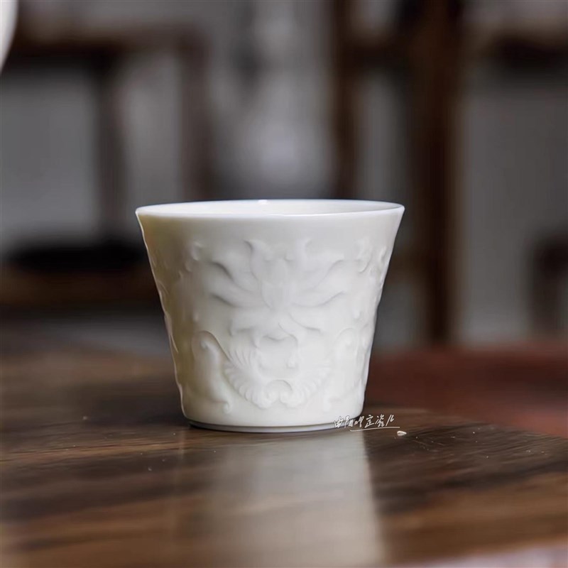 定瓷茶具茶杯定窑白釉西番莲客杯主人杯现代简约曲阳原产地高温烧