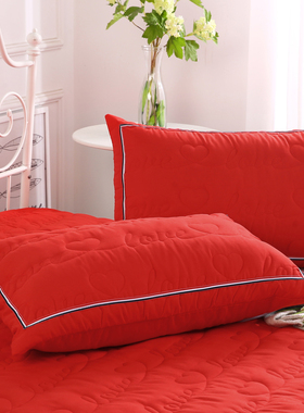 新品结婚喜庆大红色枕套一对装夹棉加厚纯色灰色粉紫色单人枕头套