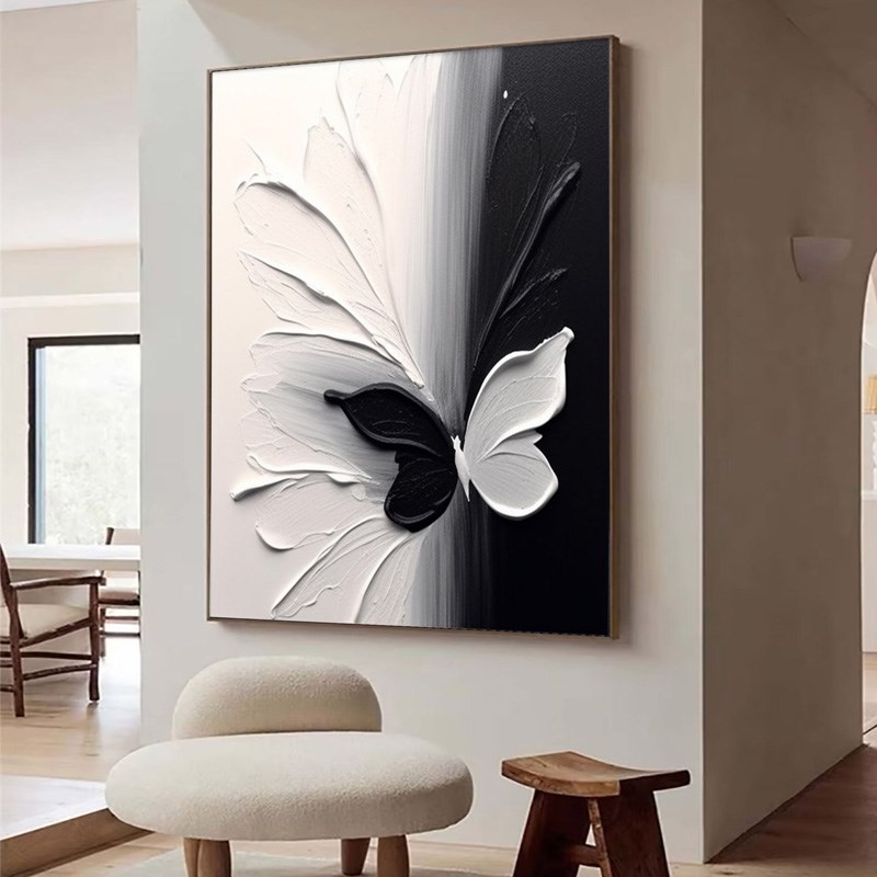 高级感蝴蝶纯手绘油画餐厅装饰画简约厚油玄关卧室背景墙立体挂画图片