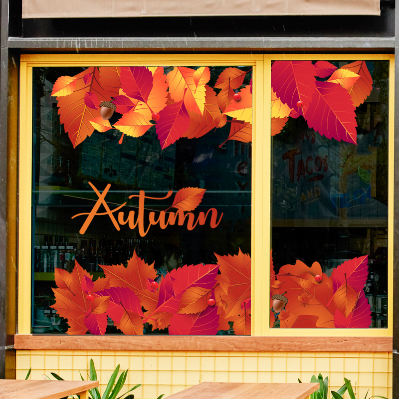 秋天落叶秋季氛围装饰静电玻璃贴无胶双面彩色门面眉头贴橱窗装扮