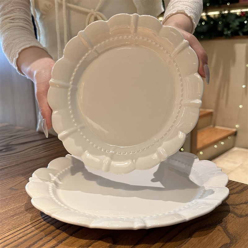 老娘自留!法式中古花瓣珠点陶瓷盘甜品盘沙拉盘早餐盘椭圆盘盘子