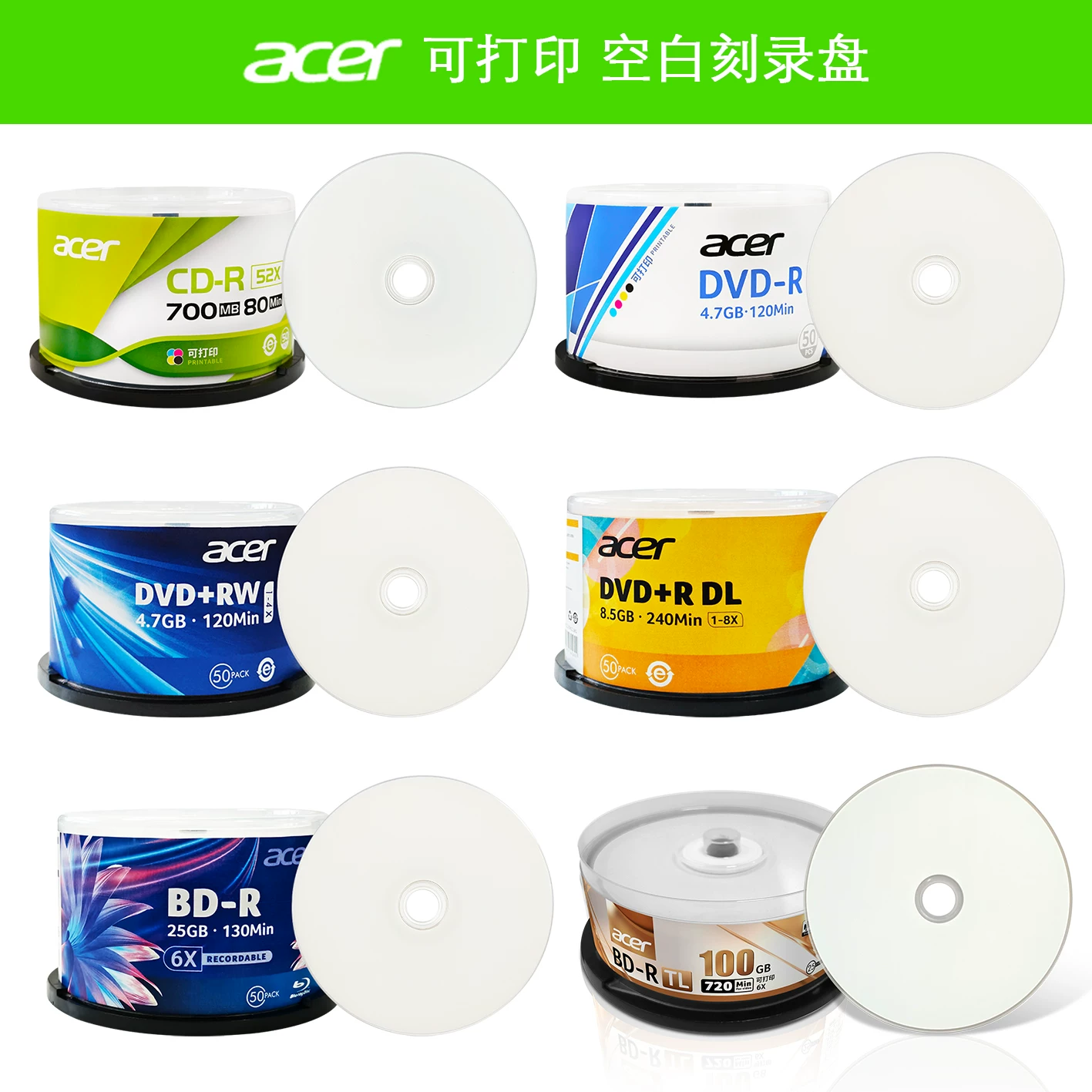 Пустой диск Acer для записи CD/DVD/Blu-ray с большой емкостью, перезаписываемый, с печатью, диск уровня файла, Blu-ray диск