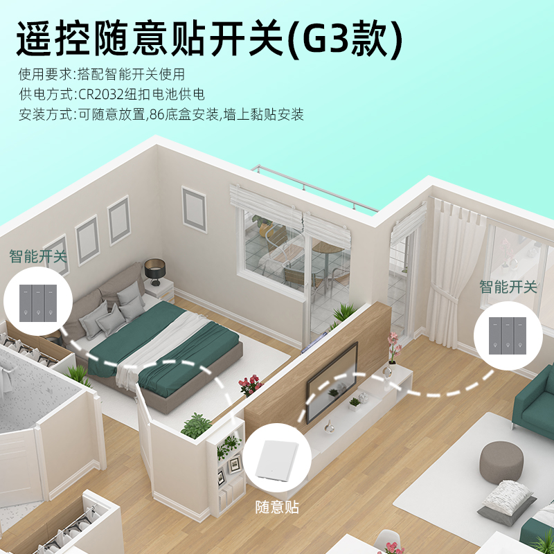 M6搭配/同款随意贴开关 CR2032钮扣电池供电 可贴墙或86底盒安装