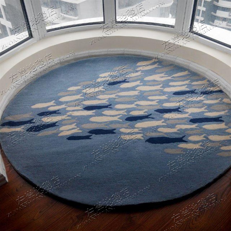 蓝色幼儿园儿童电脑椅圆形地毯客厅卧室床边书房玄关手工地毯定制