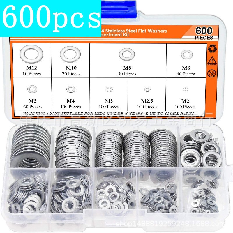 600pcs盒装 304不锈钢平垫圈垫片分类套件M2M2.5M3M4M5M6M8M10M12