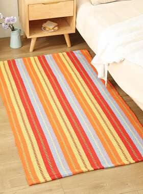 90X150cm棉线编织客厅茶几垫儿童爬爬毯机织彩色条纹透气卧室地垫