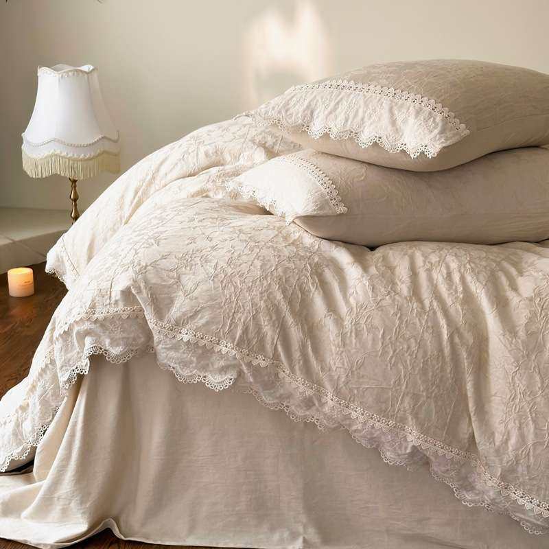 20%亚麻80%棉贡缎棉麻厚织提花四件套素色花边女生床品被套蕾丝边,电子元器件市场,其它元器件,淘宝优惠券,粉丝福利购,淘宝优惠卷