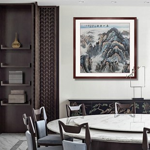纯手绘国画山水斗方泰山神韵客厅装饰画办公室无水靠山图招财挂画