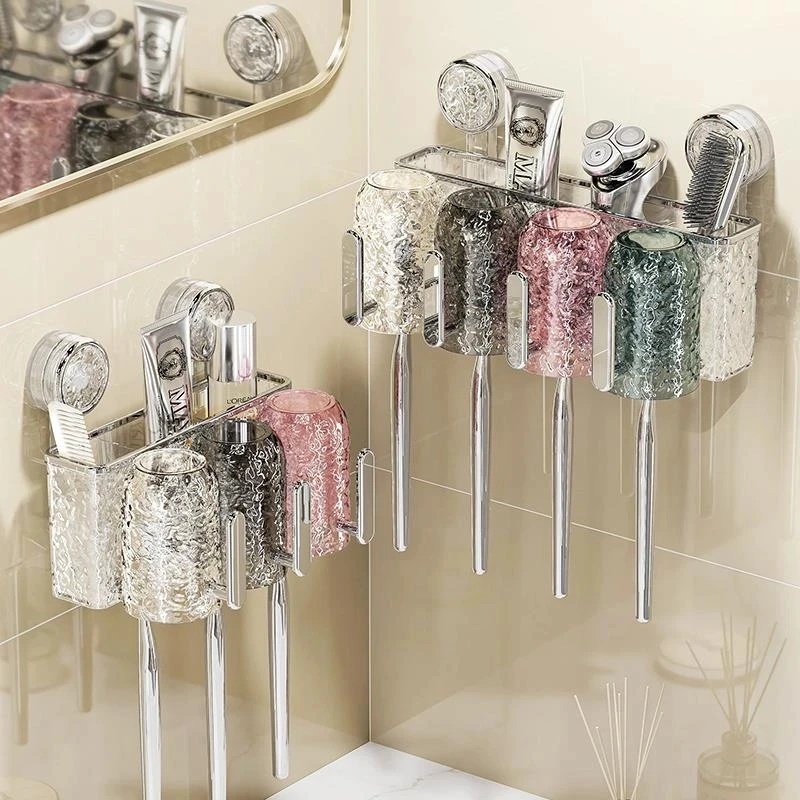 轻奢炫彩吸盘手柄牙刷架家用免打孔收纳架卫生间壁挂置物架