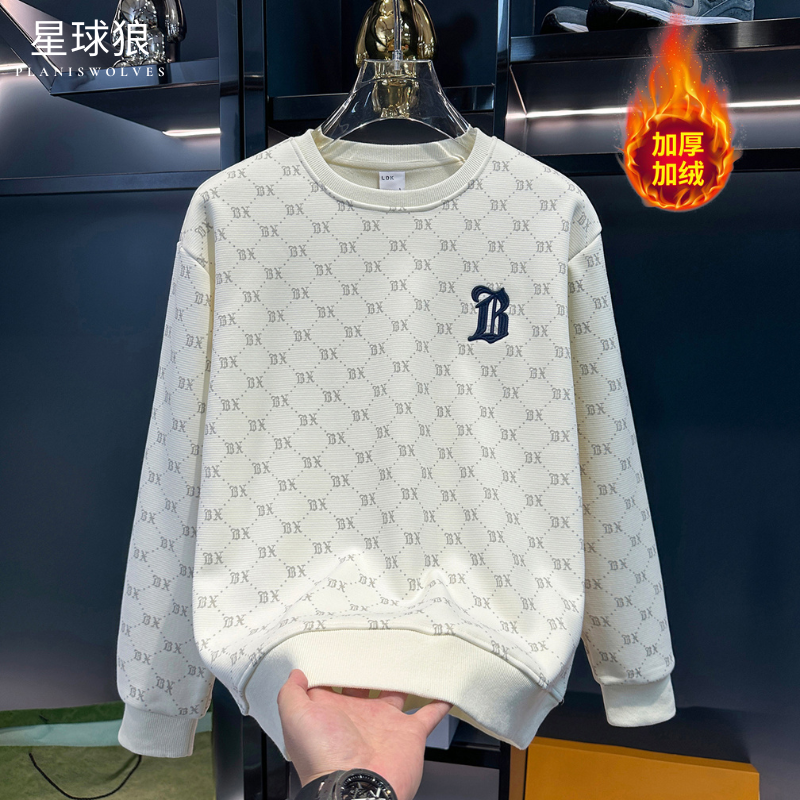 潮牌欧货男士秋冬圆领加绒卫衣加厚轻奢字母长袖休闲百搭重磅上衣