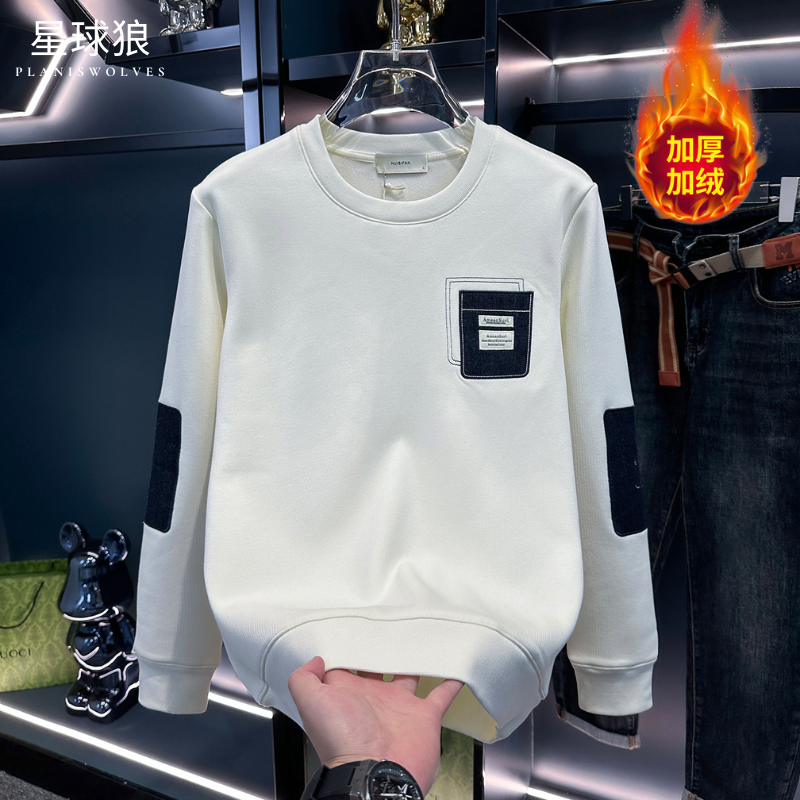 男士美式高端加绒卫衣圆领厚秋冬