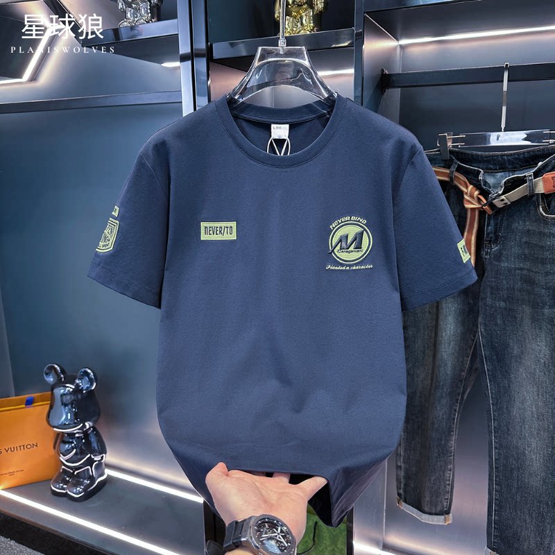 高端设计感男士2026夏季新款潮牌短袖t恤多标刺绣百搭圆领上衣