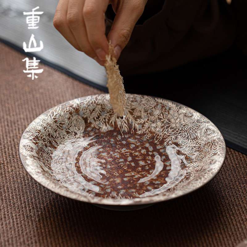 老岩泥繁花鎏银壶承 粗陶干泡盘小号茶盘养壶托盘茶台茶托茶点盘