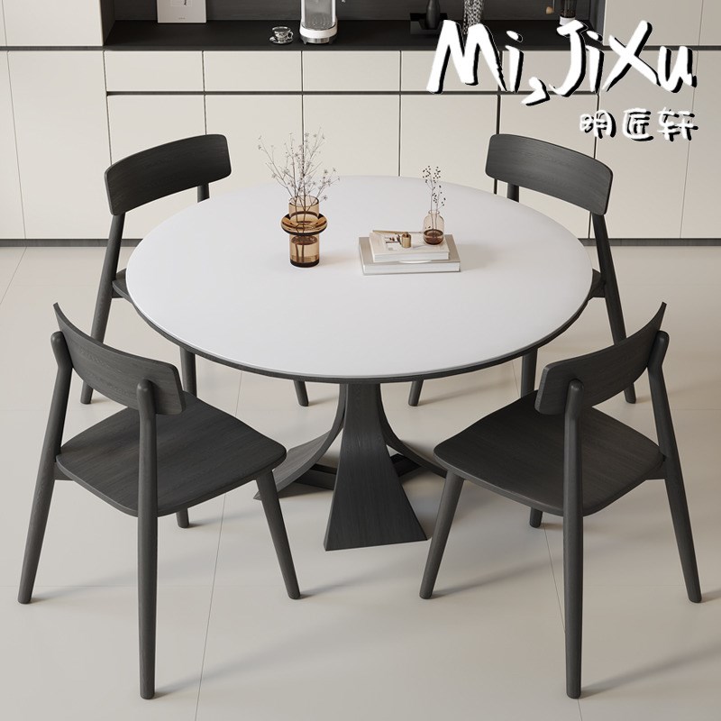 法式复古窈窕纯白岩板餐桌圆桌现代家用小户型奶油风圆形实木饭桌