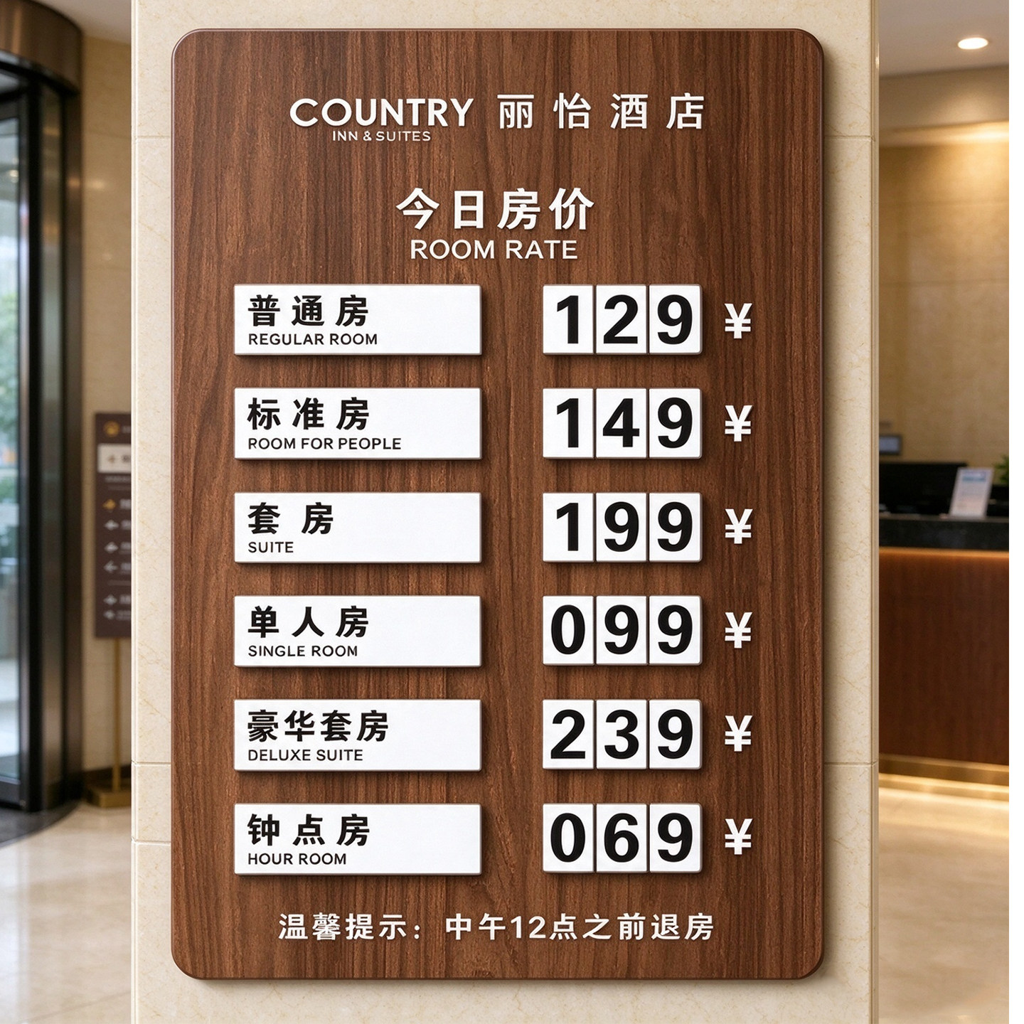 酒店价格展示牌今日房价公示牌