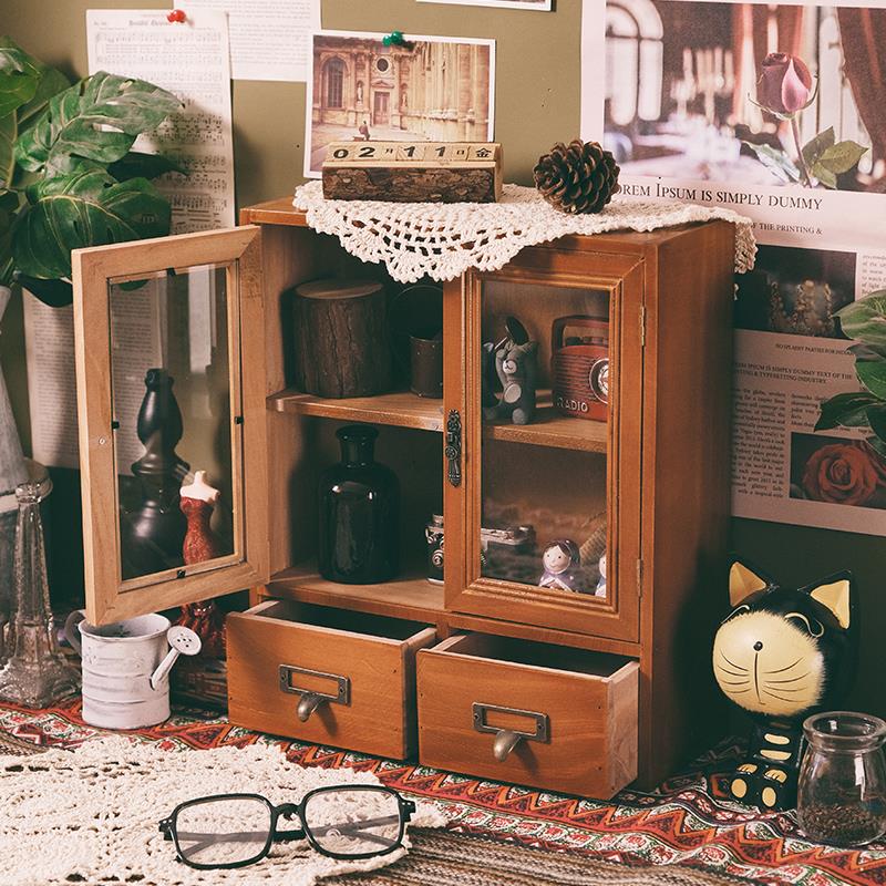 盲盒柜木质杯子桌面收纳盒化妆品大容量桌上置物架抽屉式学生覆古