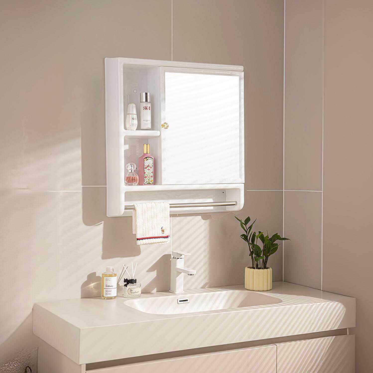 现代简约浴室柜镜挂墙式化妆室塑料镜洗手间镜子置物架储物柜