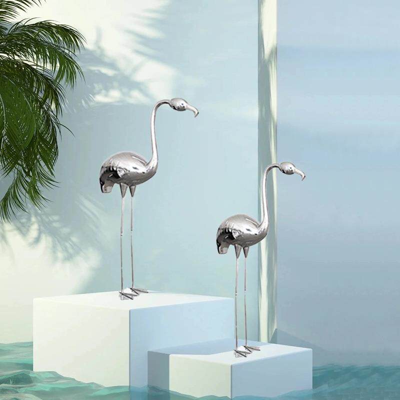 厂家直销仿真火烈鸟摆件微景观造景装饰品户外不锈钢小白鹤摆设件