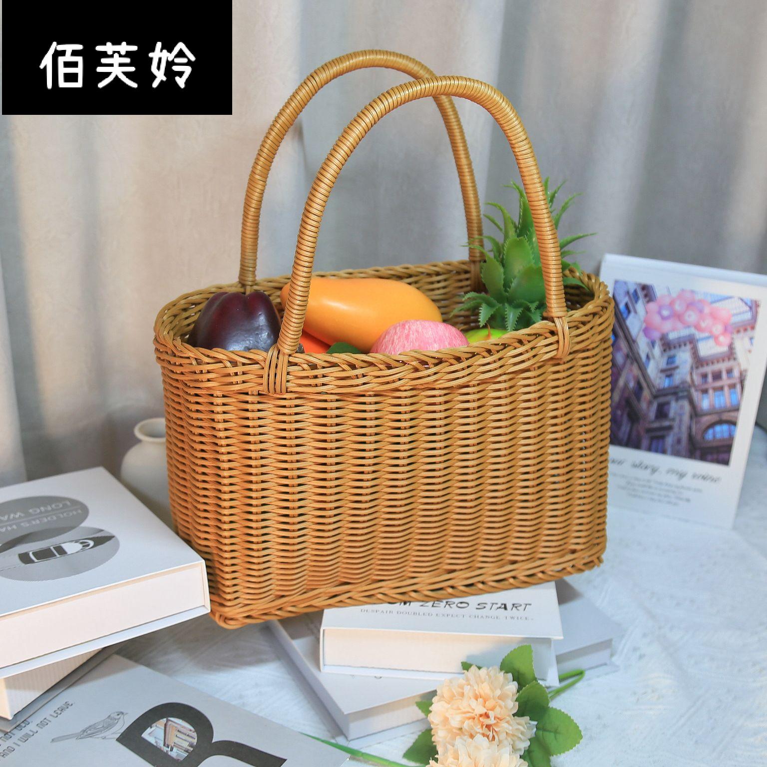 彷藤纯手工编织菜篮子花篮采摘购物野餐手提篮田园风家用买菜篮子