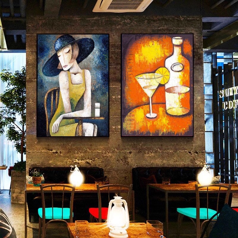 酒吧装饰画复古怀旧抽象人物餐厅酒馆挂画工业风烧烤店背景墙壁画