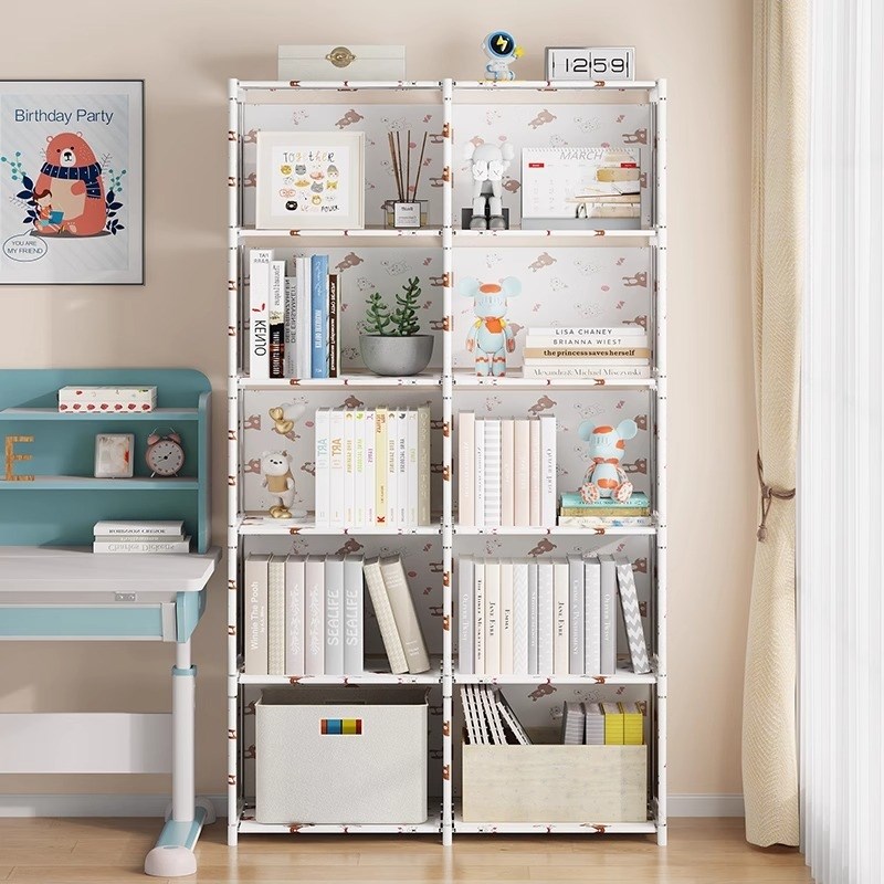 简易书架置物架置物架落地桌上书柜现代经济型防尘网V红家用收纳