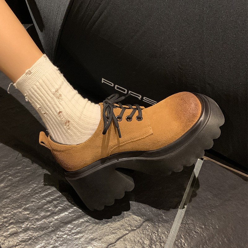 2024春新款磨砂真皮厚底复古系带小皮鞋女L粗跟松糕底擦色圆头单