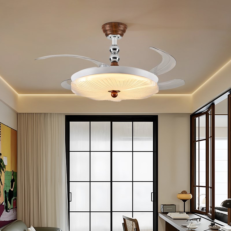 新中式隐形带吊扇灯吊扇灯奶油风客厅H卧室饭厅电风扇吊灯中山灯