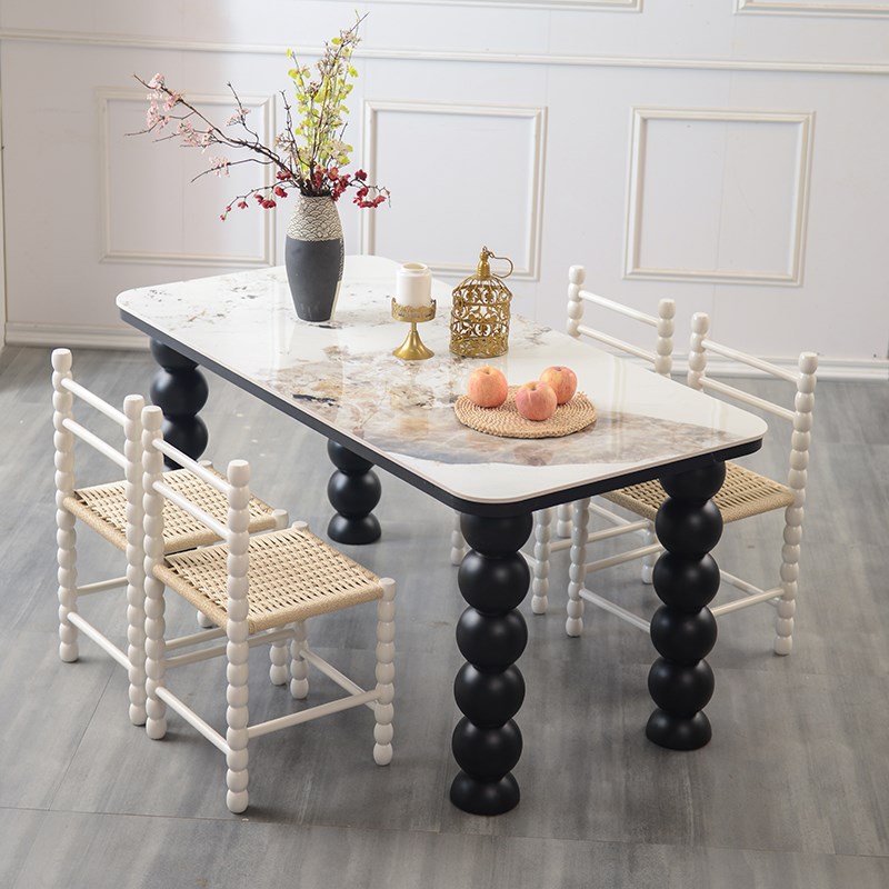 法式宝依诺岩板餐桌大小户型客厅长方形现代简约奶油黑色桌椅组合