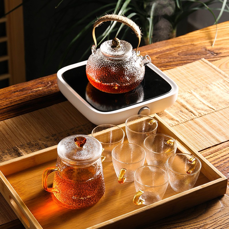 锤纹功夫茶壶家用透明玻璃茶具套装泡煮茶壶耐热花茶壶加厚过滤杯