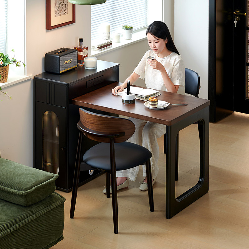 岛台餐桌一体可伸缩家用中古风小户型实木迷你复古导台多功能靠墙