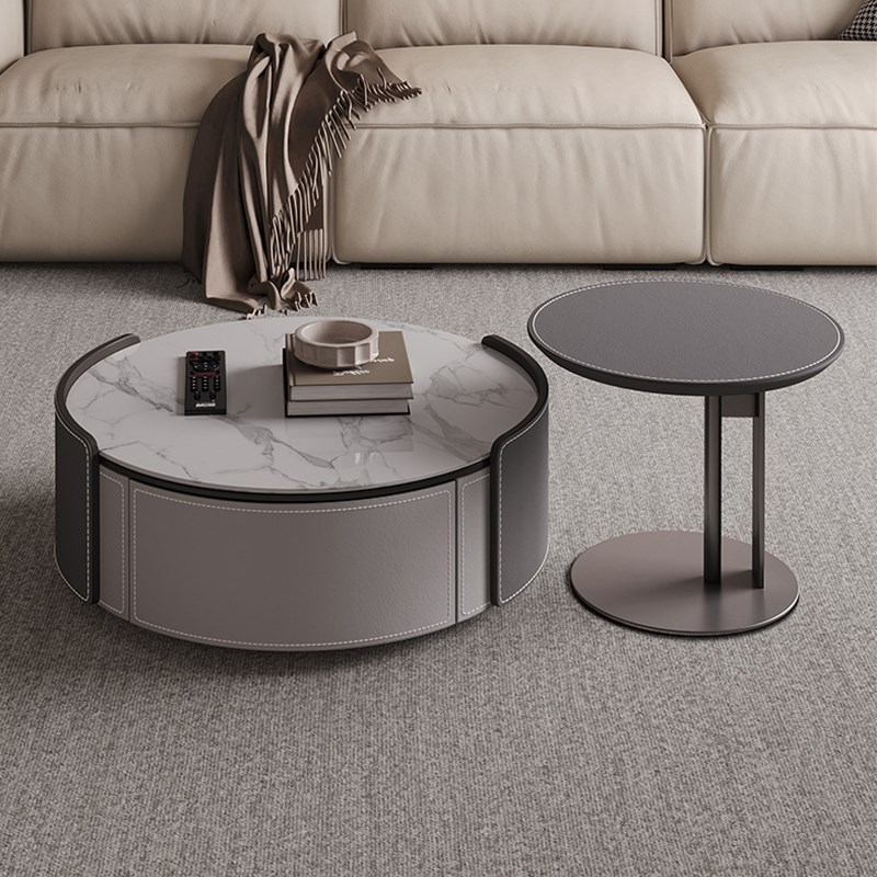 马鞍皮岩板茶几实木茶几现代简约小户型客厅现代简约大小圆形茶几