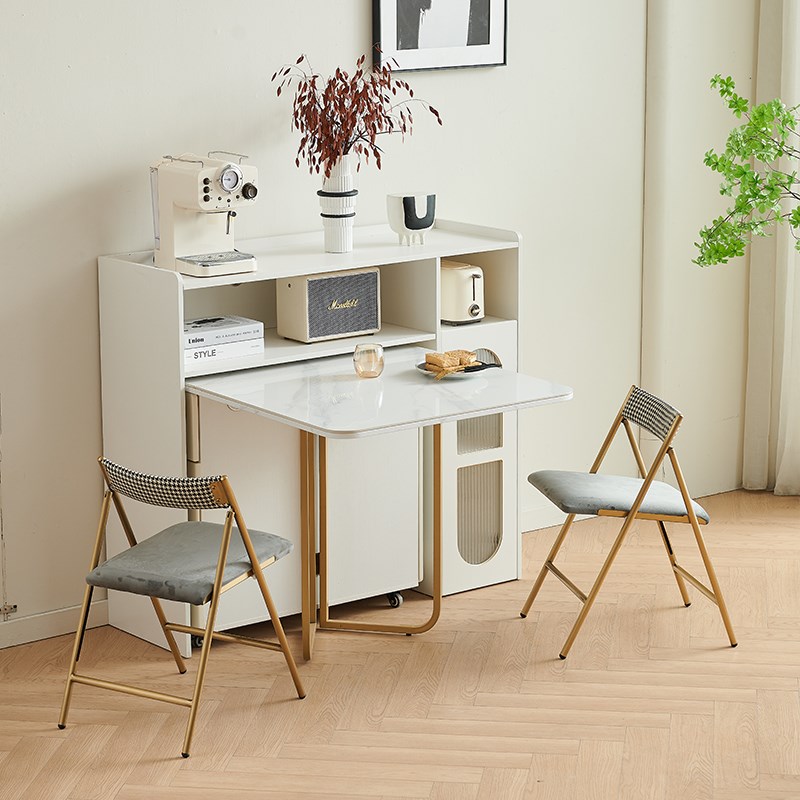 实木岩板折叠餐桌玻璃酒柜一体小户型家用可伸缩长方形吃饭折叠桌