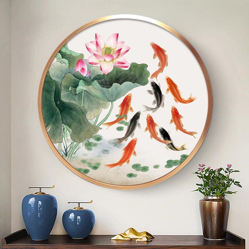 式新中道水c荷花九鱼图玄饰关圆形装画客招财厅茶室餐风厅过壁挂
