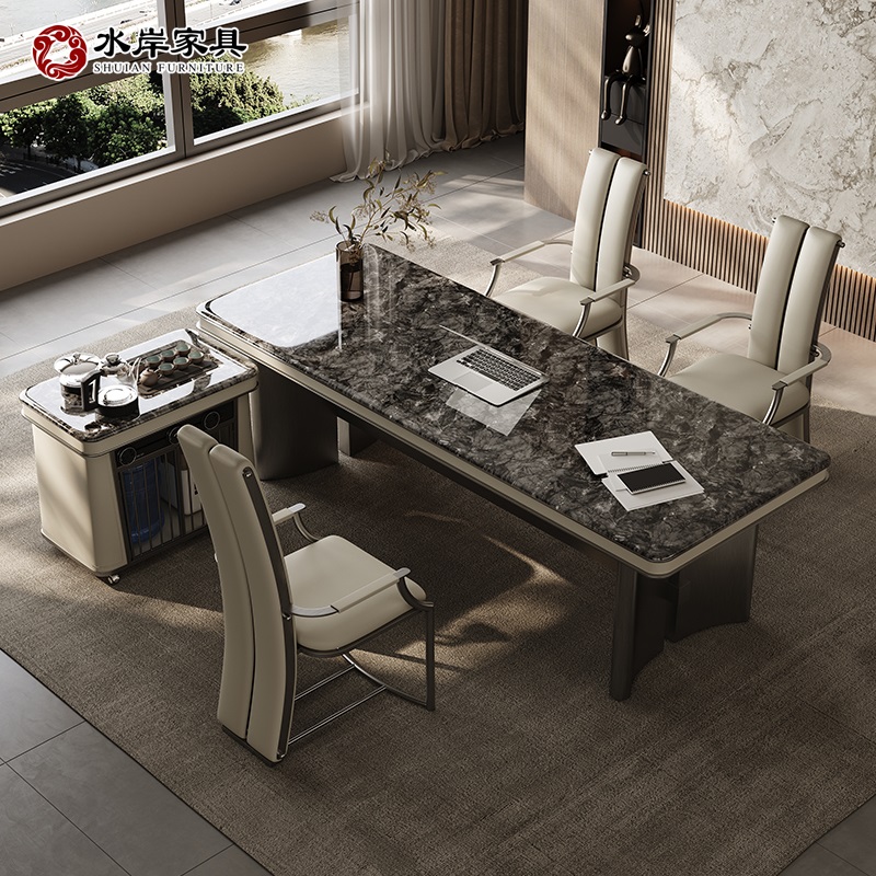 意式极简微晶石功夫茶台办公室接待轻奢泡茶桌家用V书桌一体高级