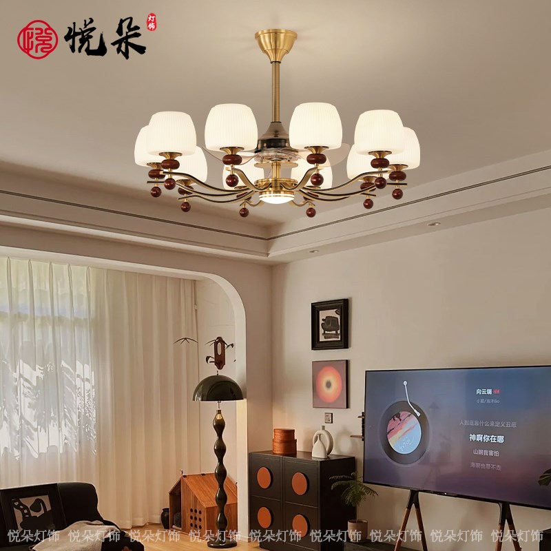 风扇灯中古风全铜实木吊s扇灯新中式客厅灯卧室餐厅一体智能电扇