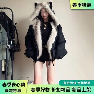 鹿皮绒派克服短款羽绒棉服仿兔毛大毛领连帽棉衣外套美式有货