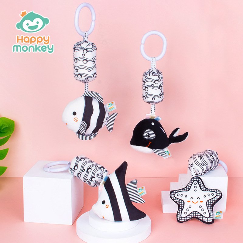 Happy monkey新生儿床铃早教玩具视觉激发黑白小风铃海洋动物床挂